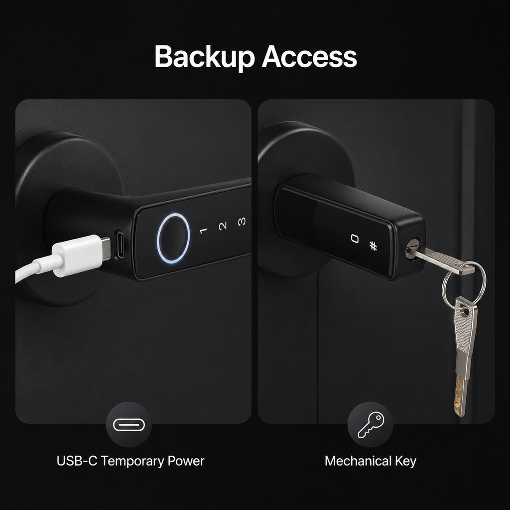 Emergency USB-C power and mechanical key visual for smart door lock