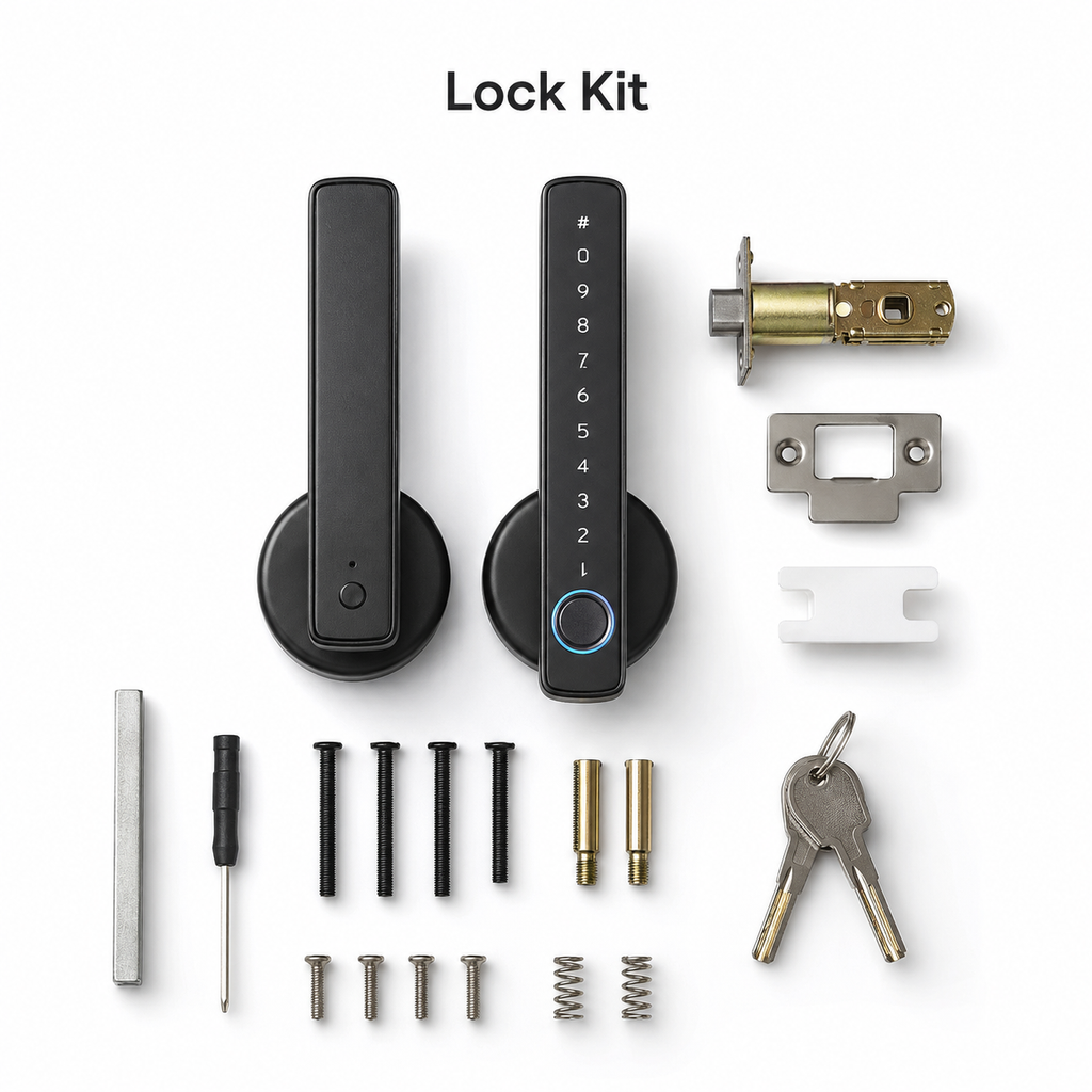 Smart door lock handle kit with installation hardware on white background