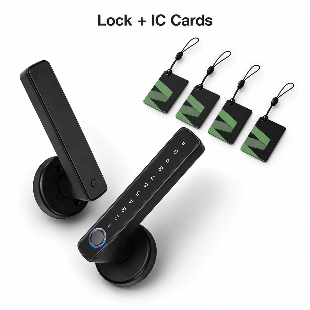 Smart door lock handle with IC cards variant on white background