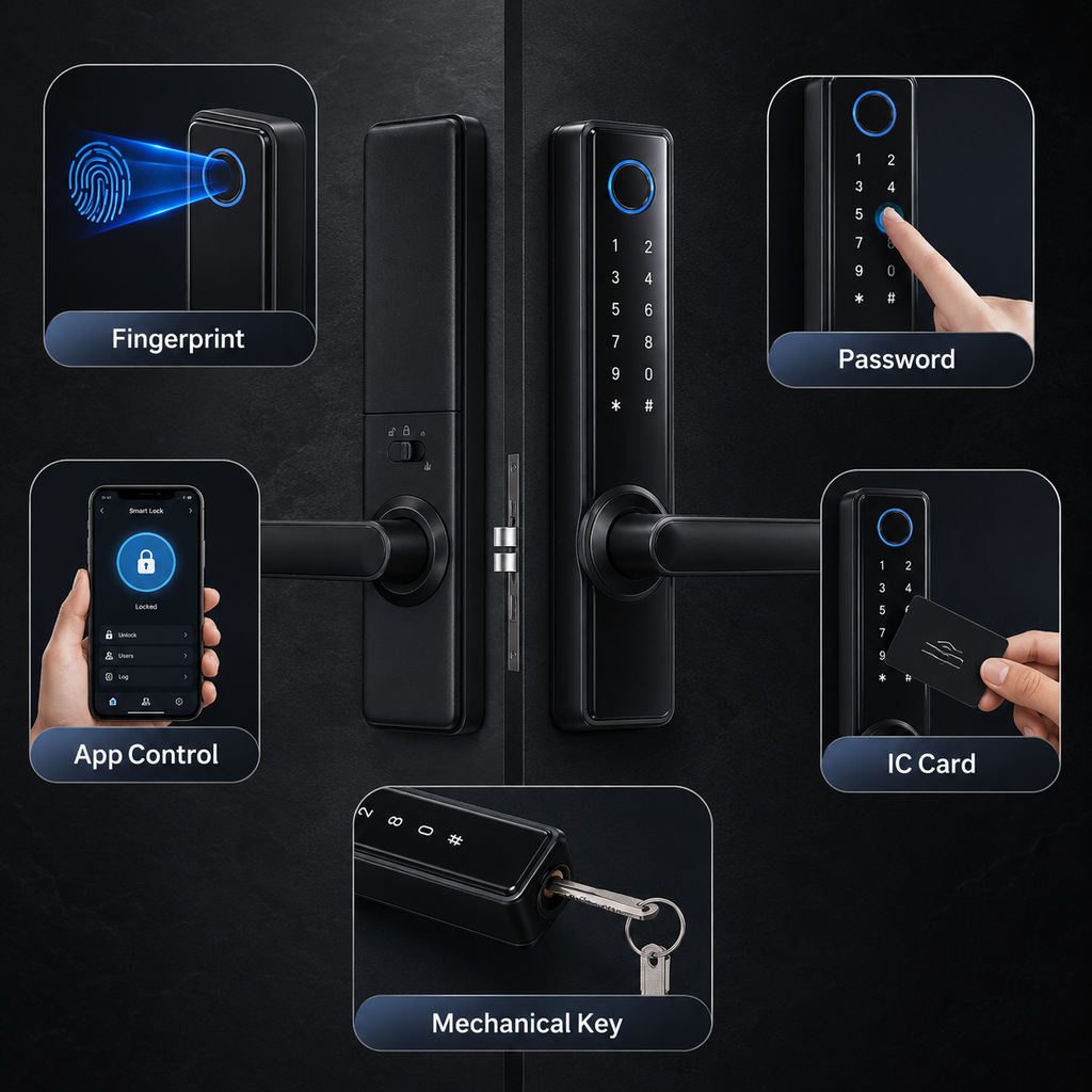 Multiple unlock methods visual for smart door lock handle