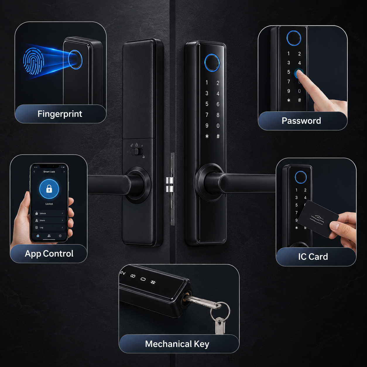 Multiple unlock methods visual for smart door lock handle