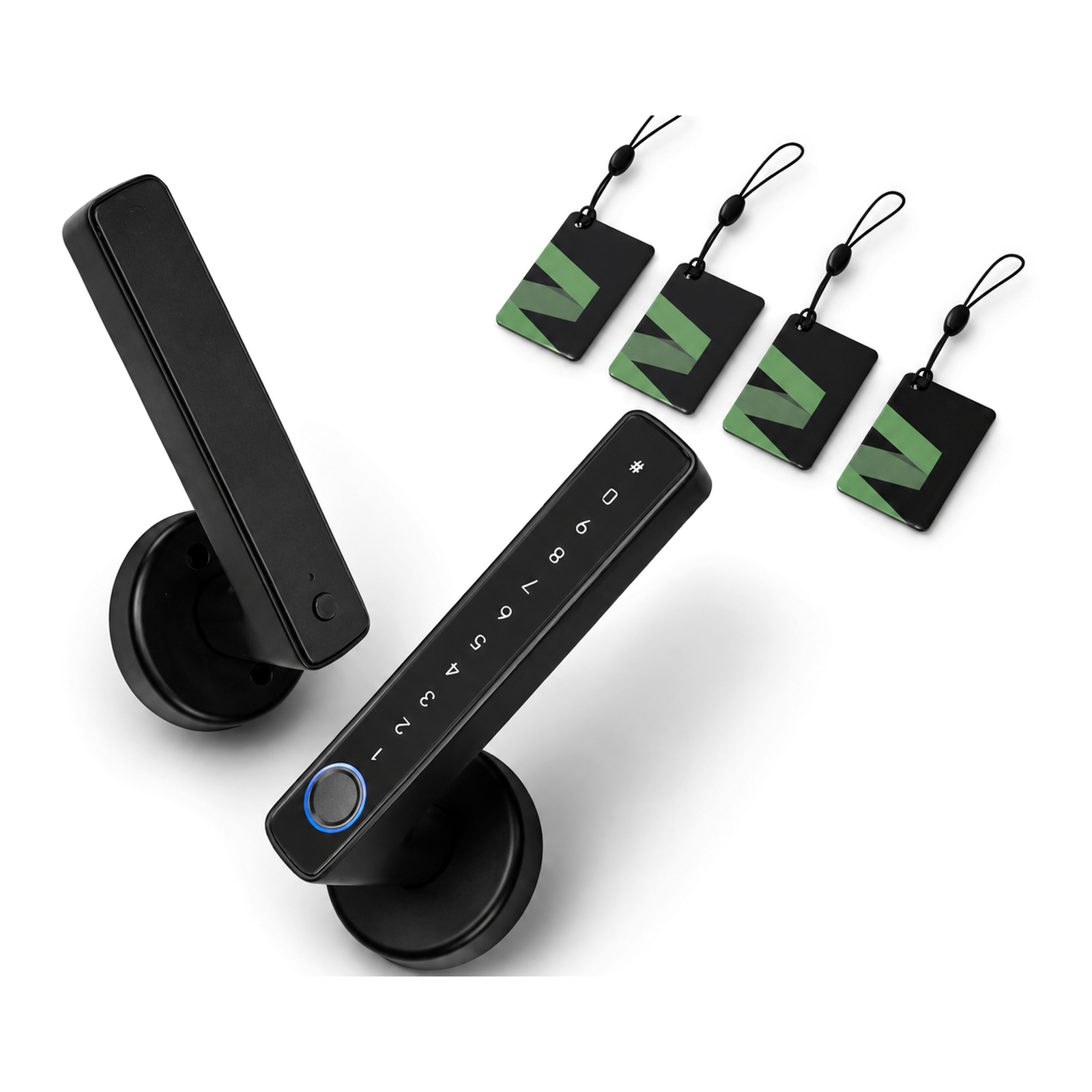 Serrure poignee Bluetooth NeoLock Handle Comfort avec quatre badges IC sur fond blanc