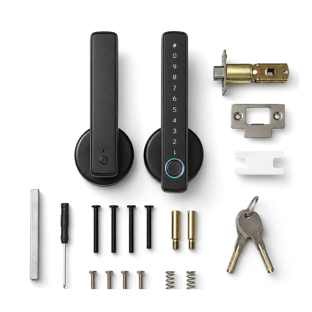 Kit complet serrure poignee Bluetooth NeoLock Handle Comfort avec accessoires sur fond blanc