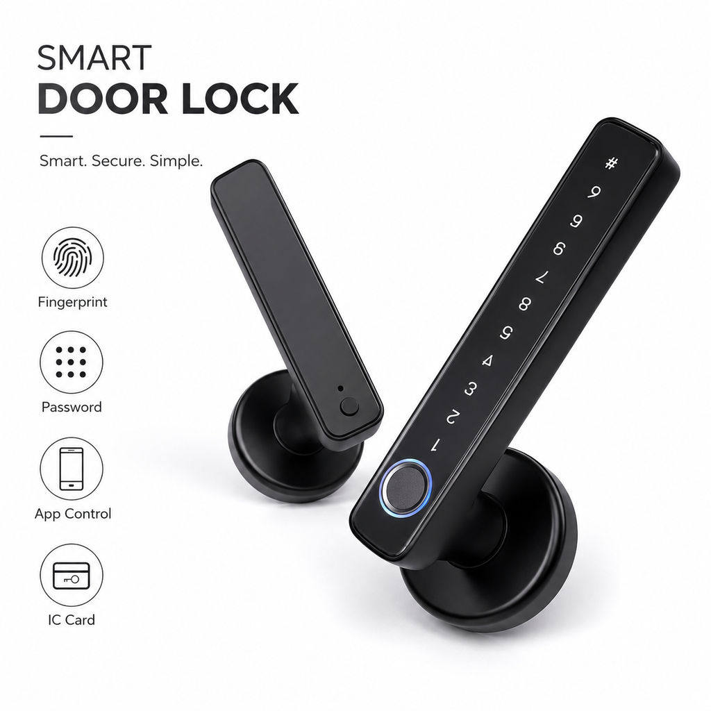 Smart door lock packshot with generic feature icons