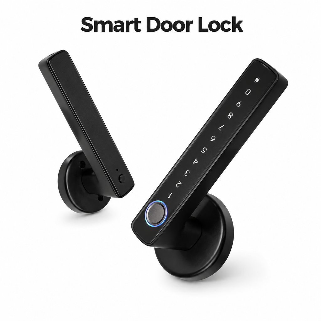 Studio packshot of black Bluetooth biometric smart door lock handle