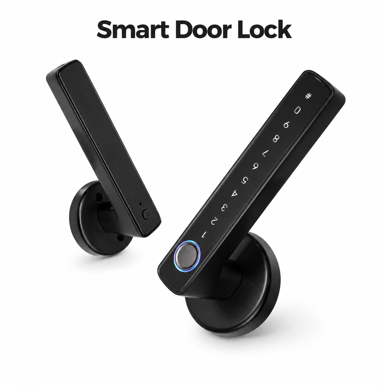 Studio packshot of black Bluetooth biometric smart door lock handle