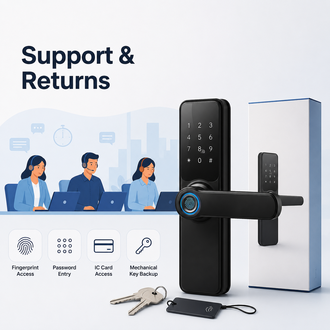 Support and returns visual for Bluetooth smart door lock handle