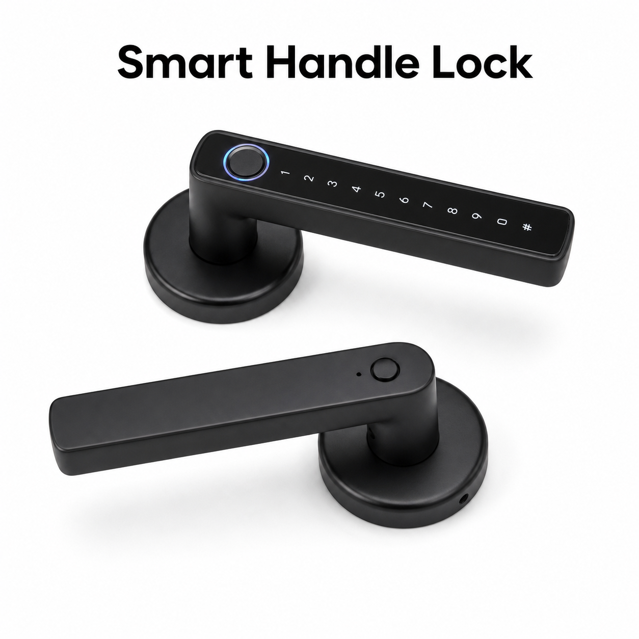 Studio packshot of black ZigBee smart handle lock with keypad and fingerprint reader