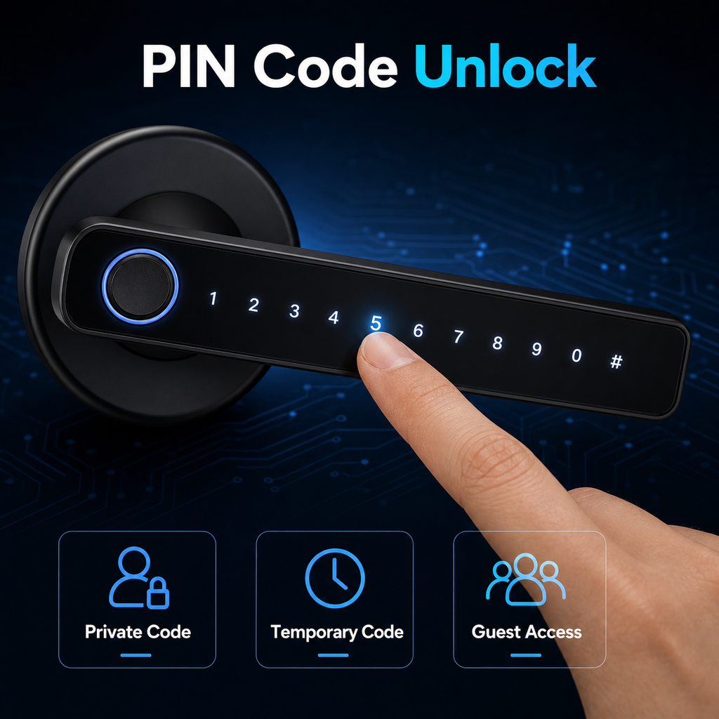 PIN code unlock feature on black smart handle lock keypad