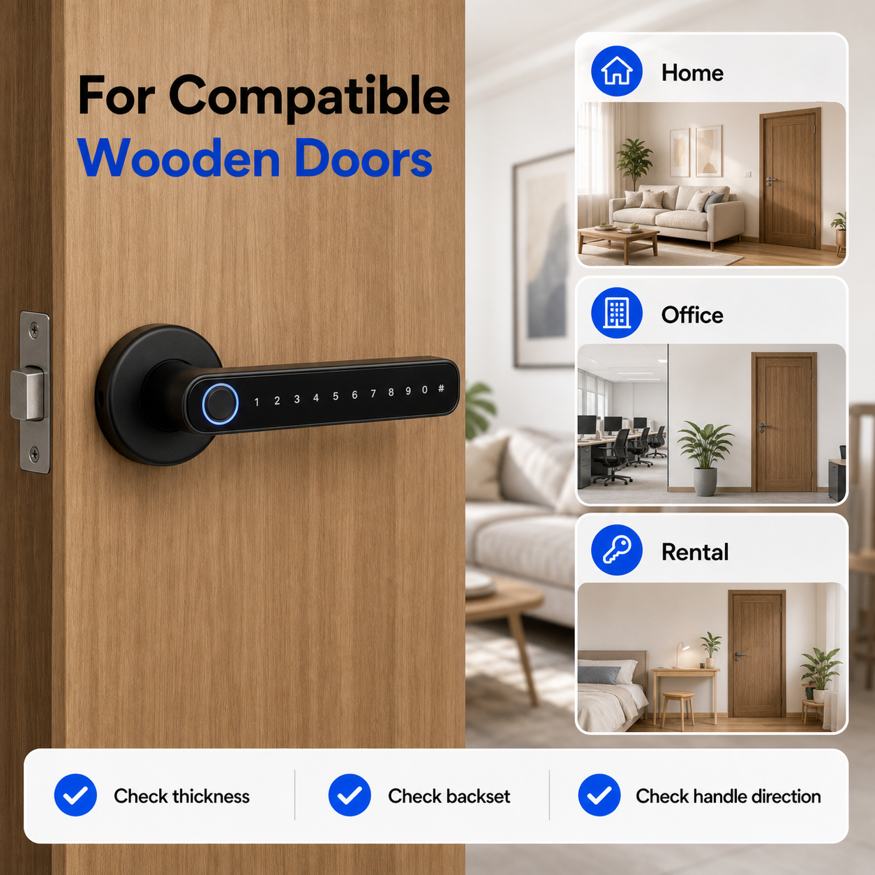 Black smart handle lock for compatible wooden doors in home office and rental settings