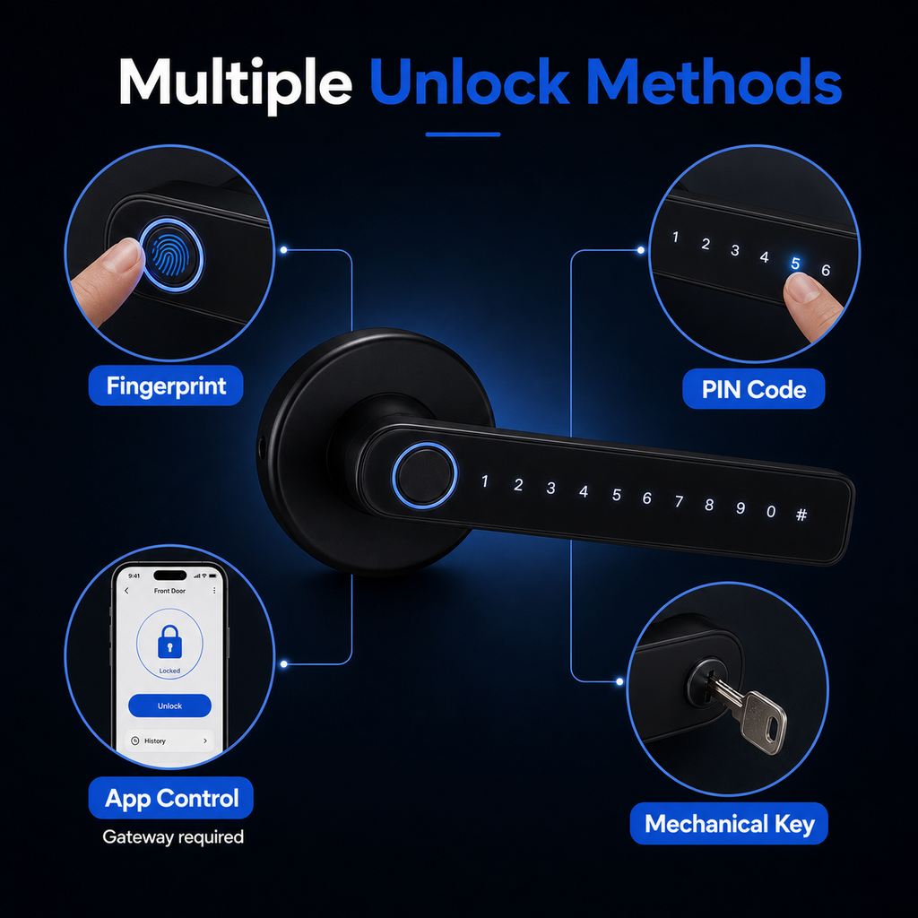 Multiple unlock methods for black smart handle lock including fingerprint PIN app and mechanical key
