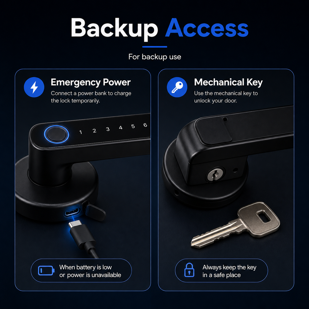 Backup access features for smart handle lock with emergency power and mechanical key