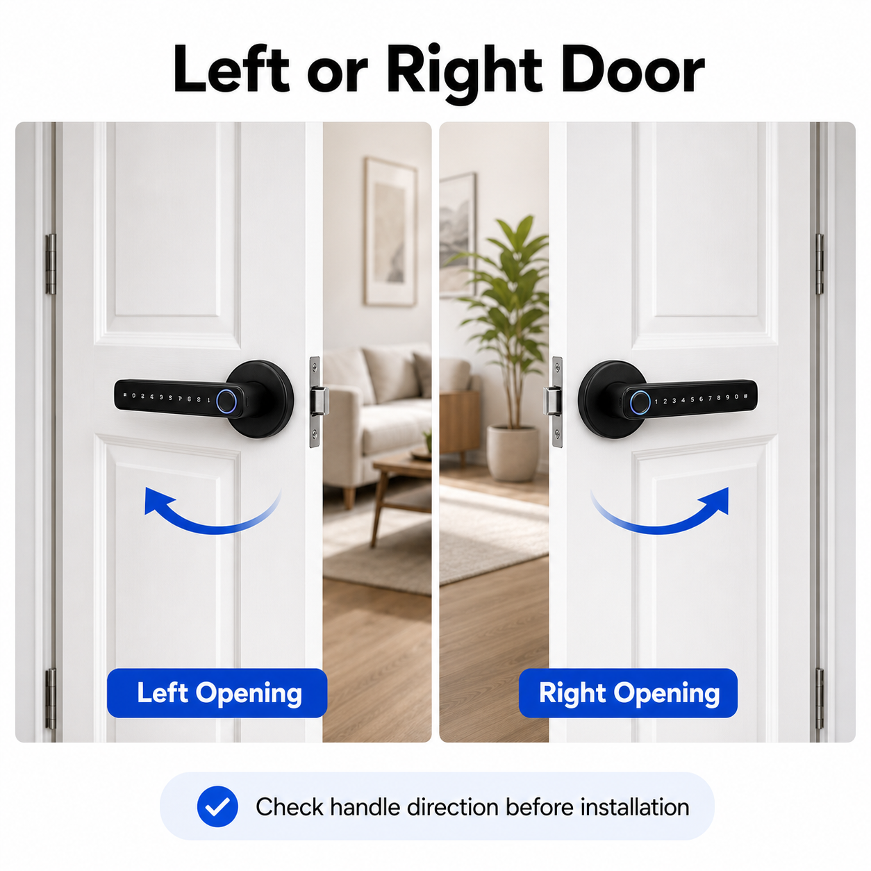 Left and right door opening compatibility for black smart handle lock