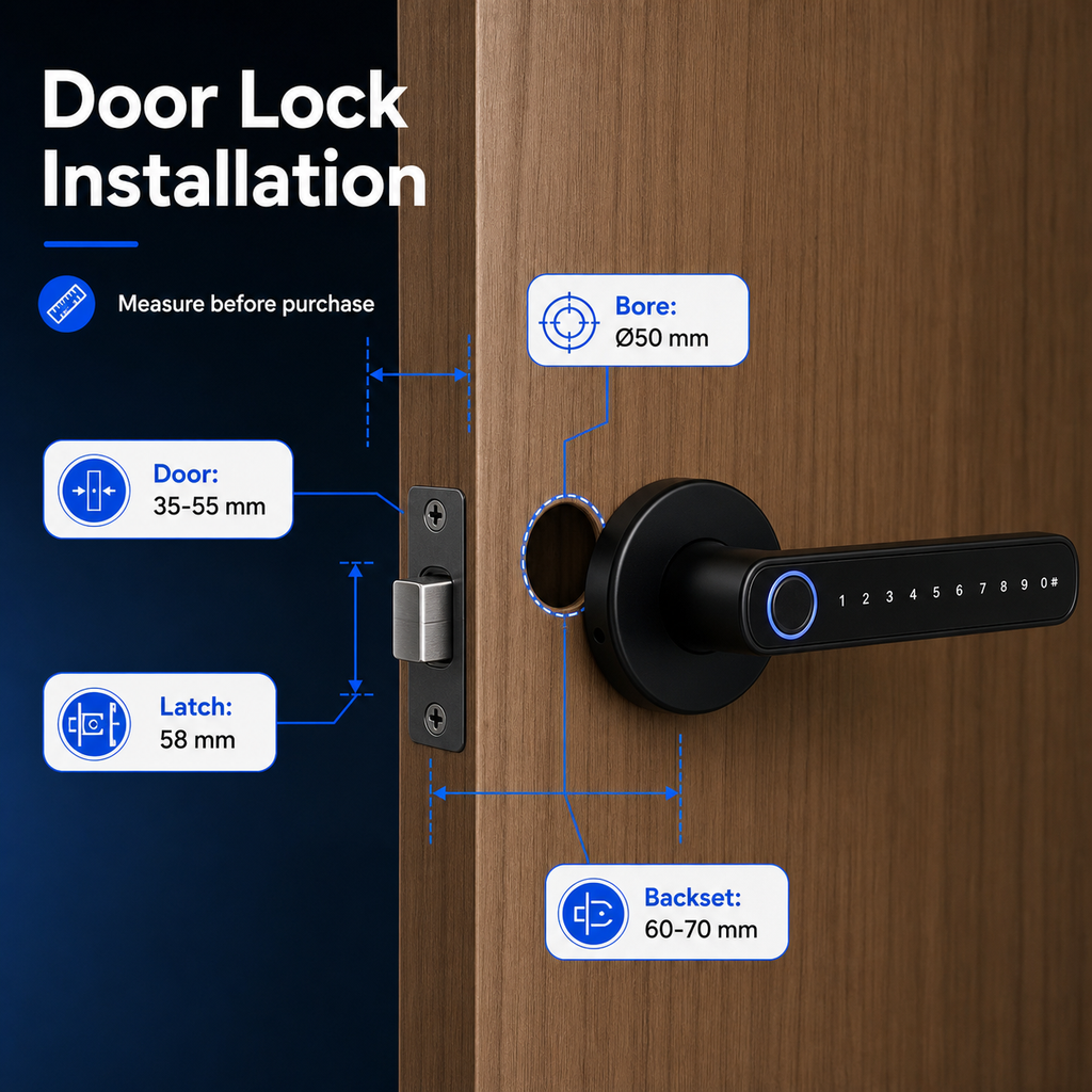Installation measurements for smart handle lock including door thickness bore backset and latch