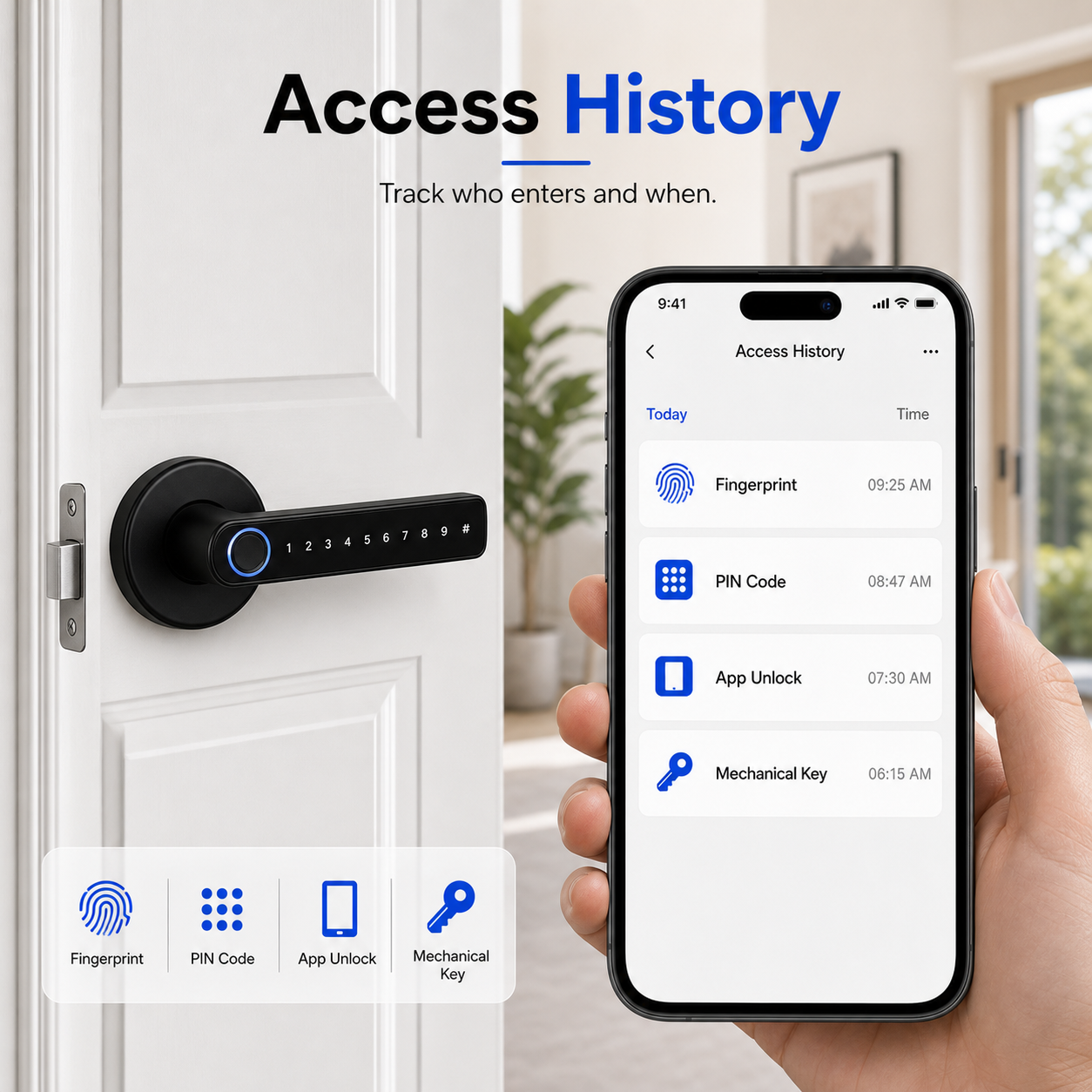 Access history records screen for black smart handle lock