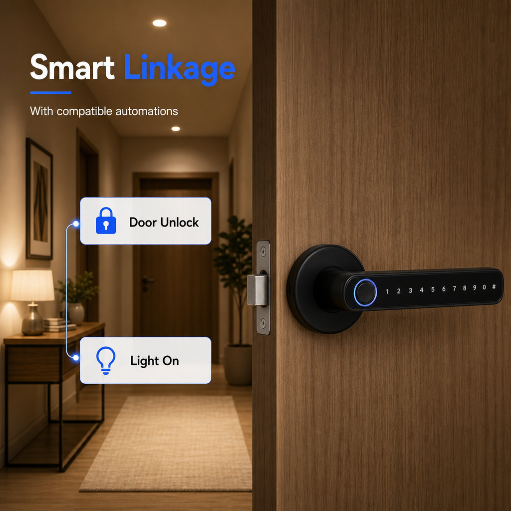 Smart linkage automation scene with door unlock and light on for compatible setup