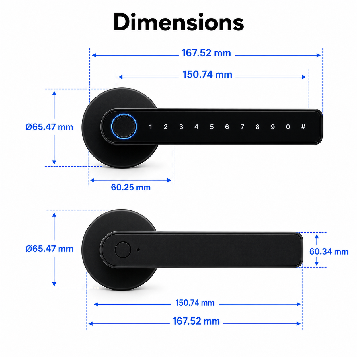 Dimensions diagram for black smart handle lock with keypad and rear handle views