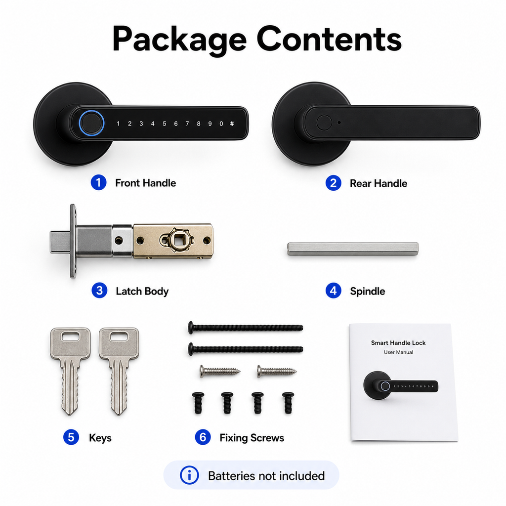 Package contents layout for black smart handle lock set