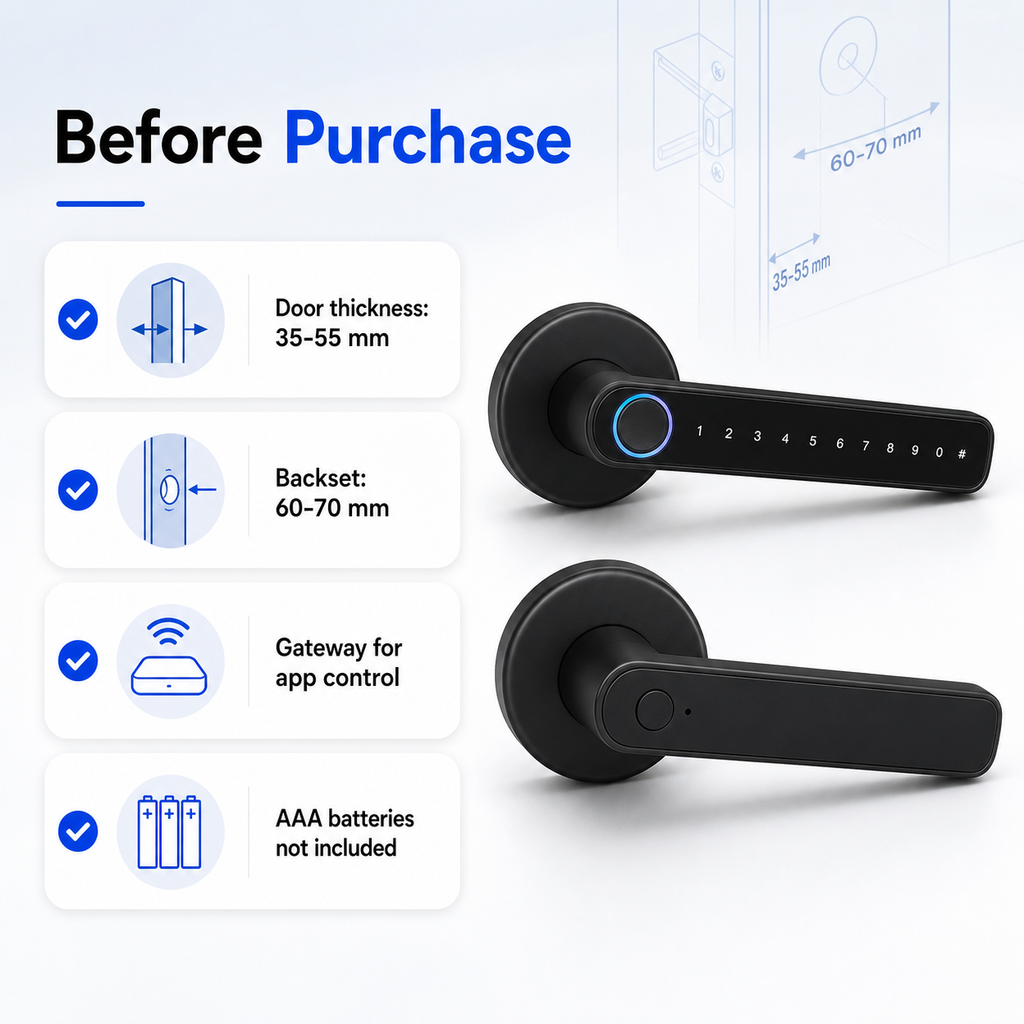 Before purchase checklist for ZigBee smart handle lock with door measurements and gateway note