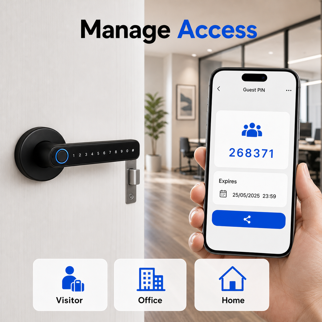 Manage visitor office and home access with black smart handle lock
