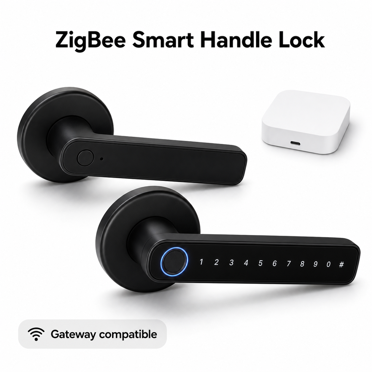 ZigBee smart handle lock variant packshot with compatible gateway
