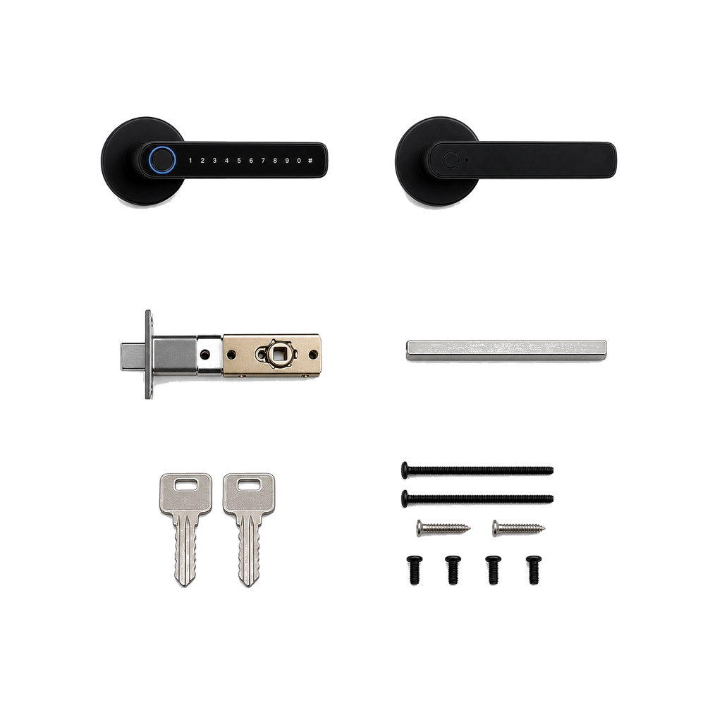 Kit serrure poignée biométrique NéoLock ZigBee avec accessoires sur fond blanc