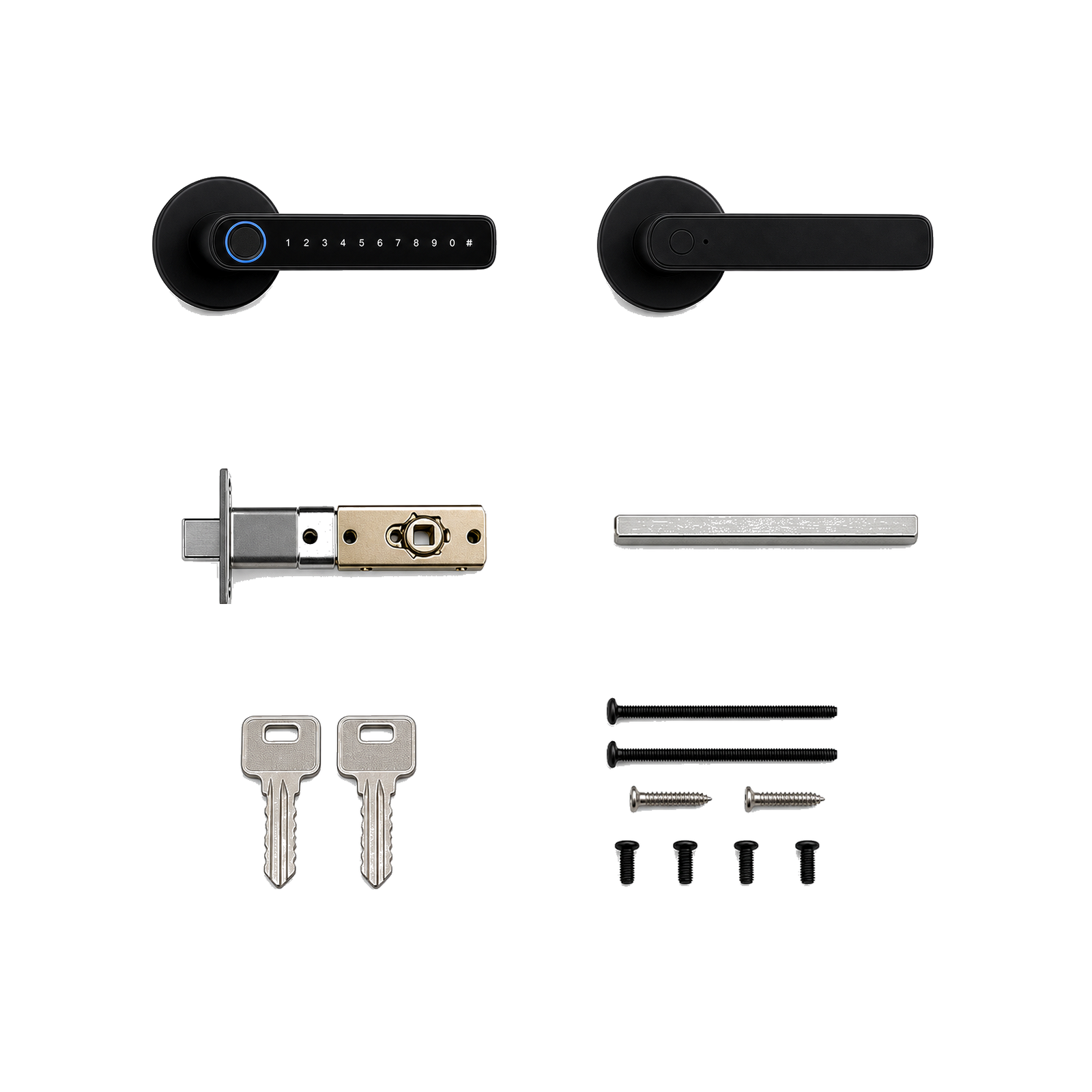 Kit serrure poignée biométrique NéoLock ZigBee avec accessoires sur fond blanc
