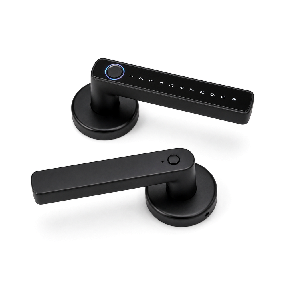 Serrure poignée biométrique NéoLock ZigBee vue double sur fond blanc