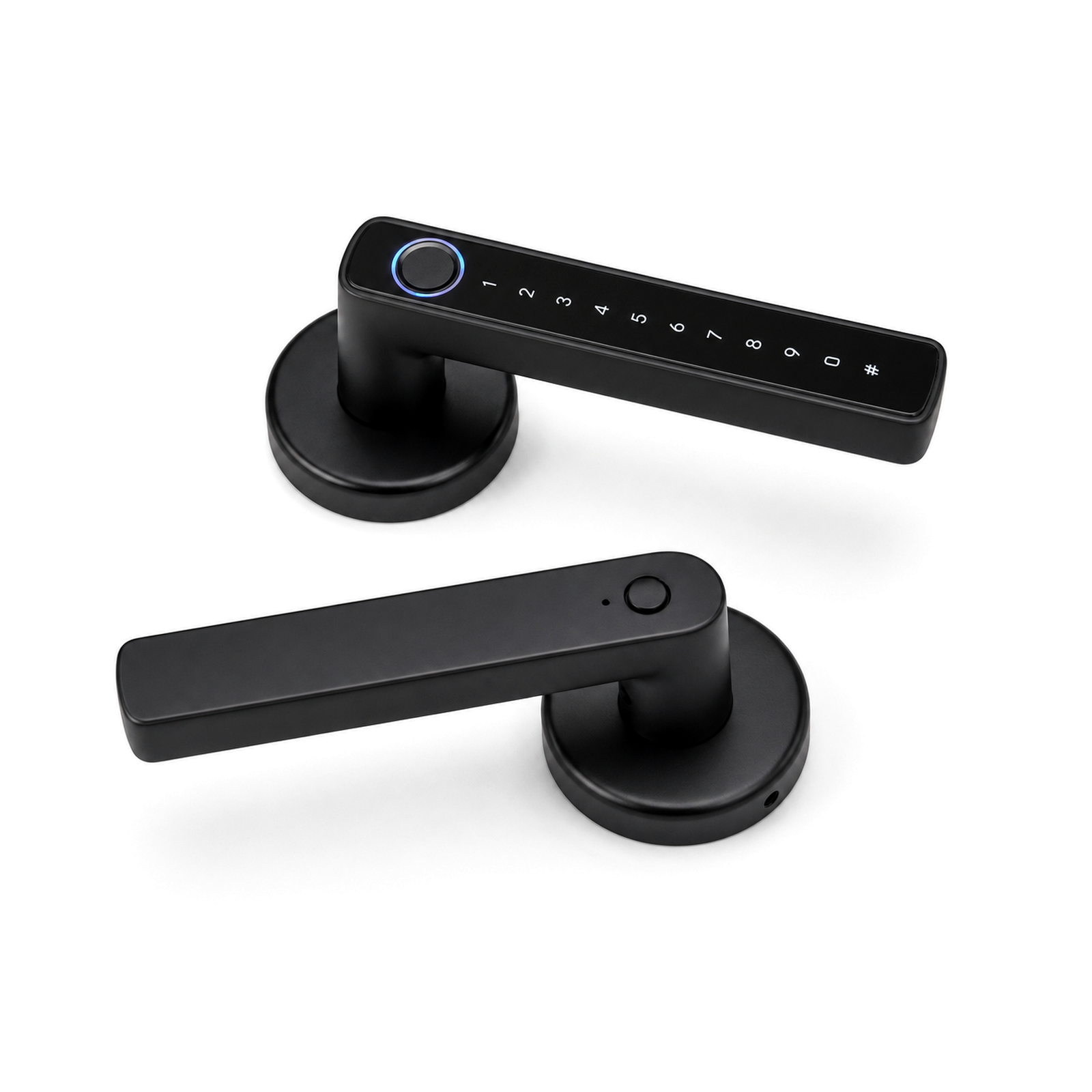 Serrure poignée biométrique NéoLock ZigBee vue double sur fond blanc