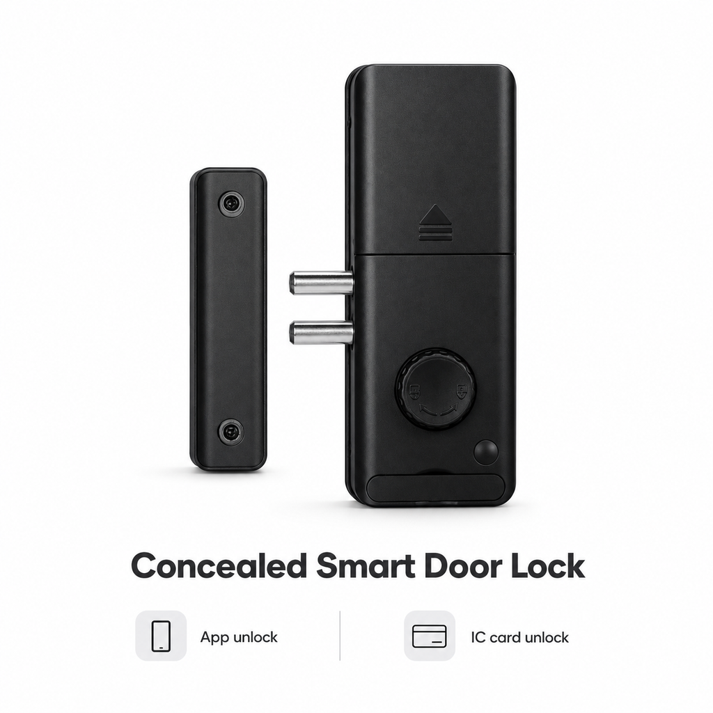 Studio packshot of concealed black Bluetooth smart door lock with strike plate