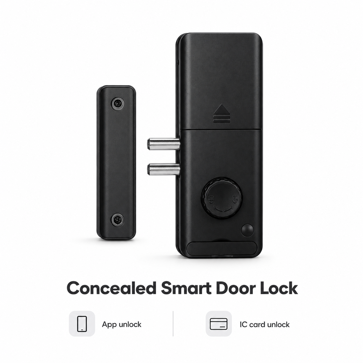Studio packshot of concealed black Bluetooth smart door lock with strike plate