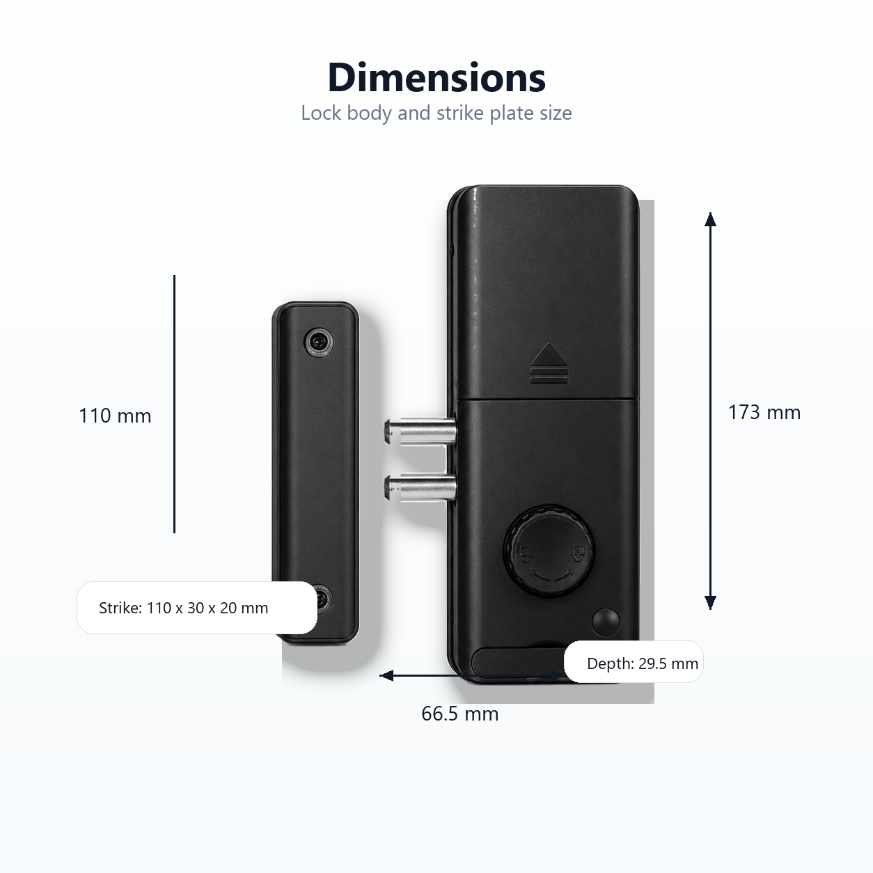 Dimensions diagram for concealed smart door lock and strike plate