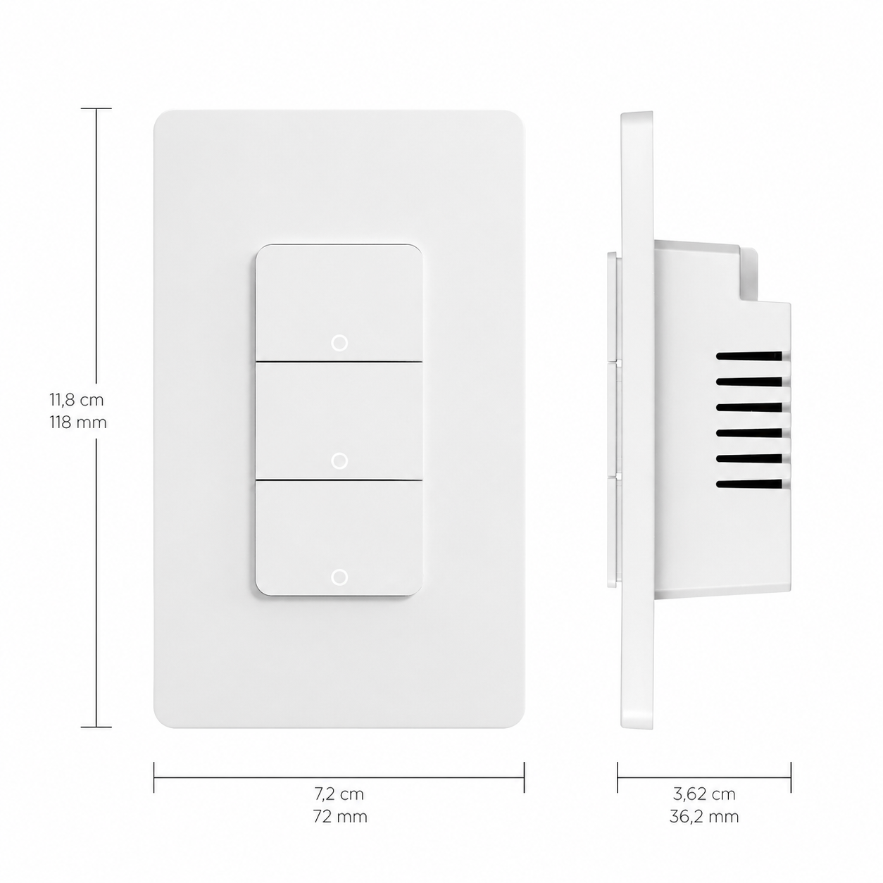 NéoMatter Comfort, schéma des dimensions de l'interrupteur WiFi Matter multi-boutons avec module arrière.
