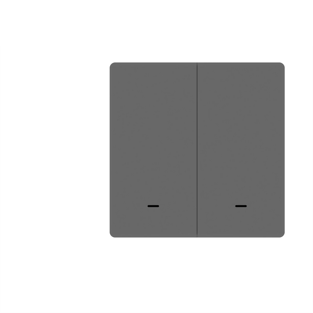 Interrupteur WiFi Matter NéoMatter Comfort EU gris deux canaux sur fond blanc.