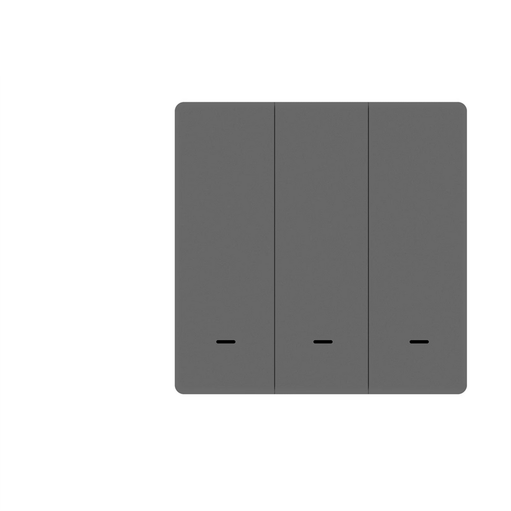 Interrupteur WiFi Matter NéoMatter Comfort EU gris trois canaux sur fond blanc.