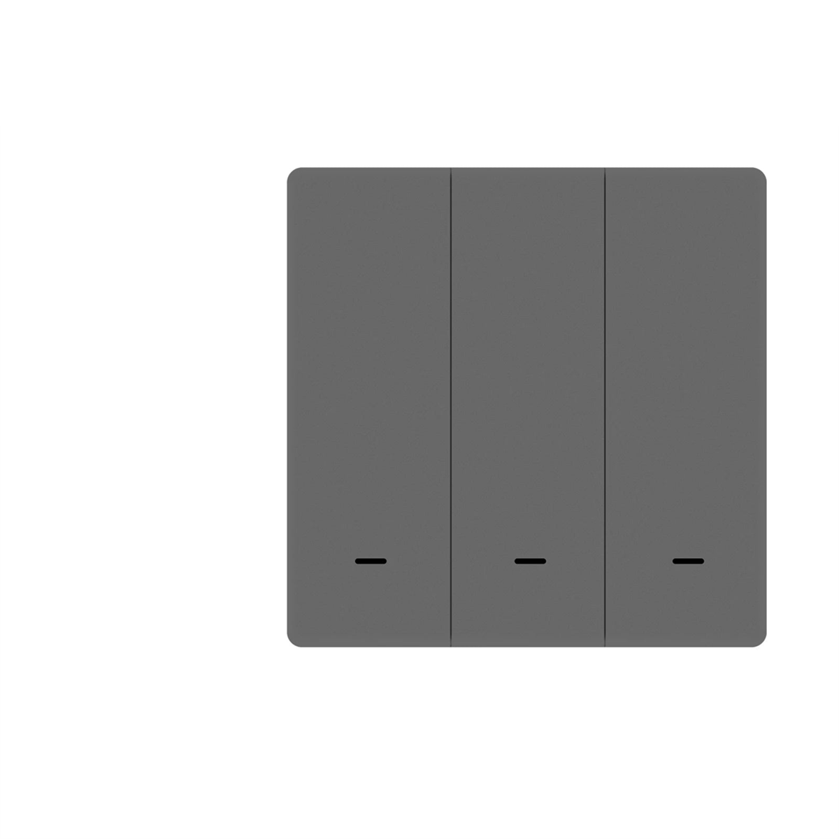 Interrupteur WiFi Matter NéoMatter Comfort EU gris trois canaux sur fond blanc.