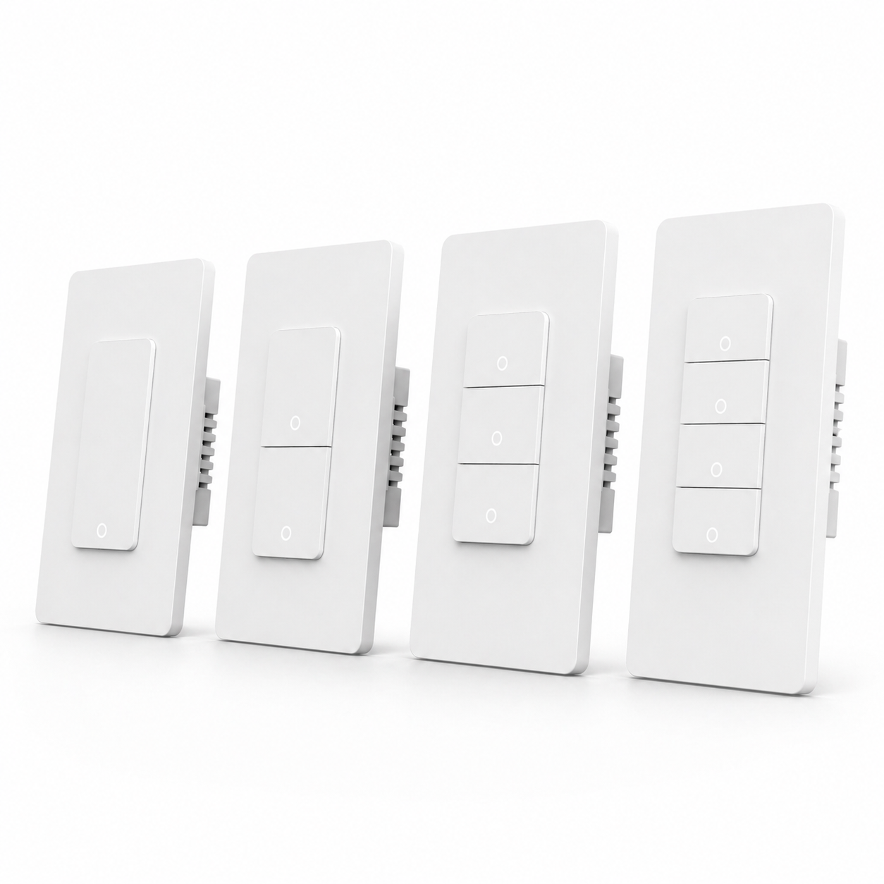 NéoMatter Comfort, gamme d'interrupteurs WiFi Matter avec une, deux, trois et quatre commandes.