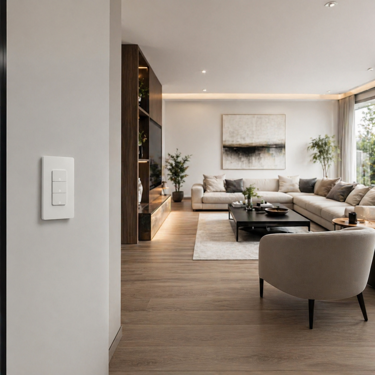 NéoMatter Comfort installé au mur dans un salon moderne pour piloter l'éclairage connecté.