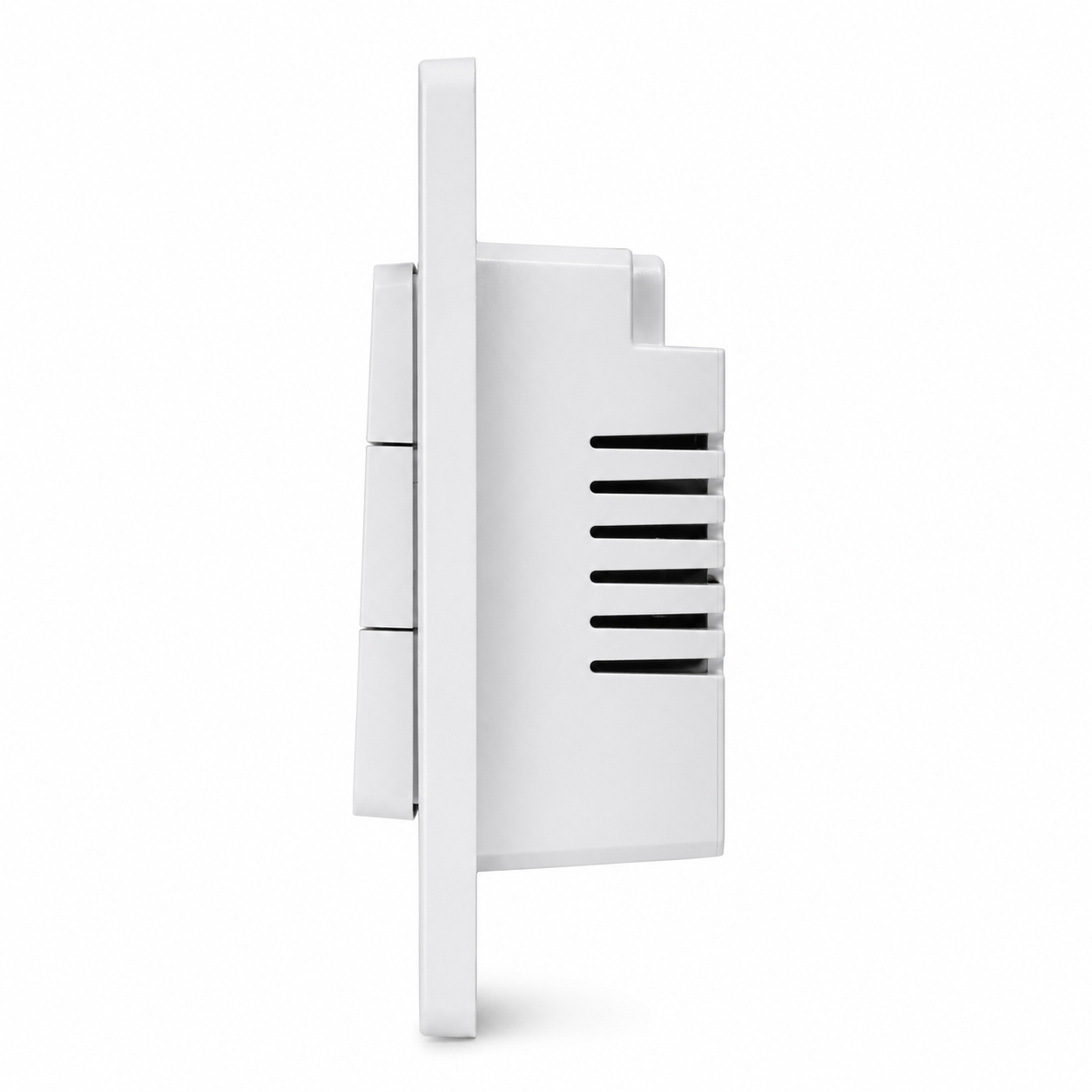 NéoMatter Comfort, vue latérale de l'interrupteur WiFi Matter avec module arrière et façade blanche.