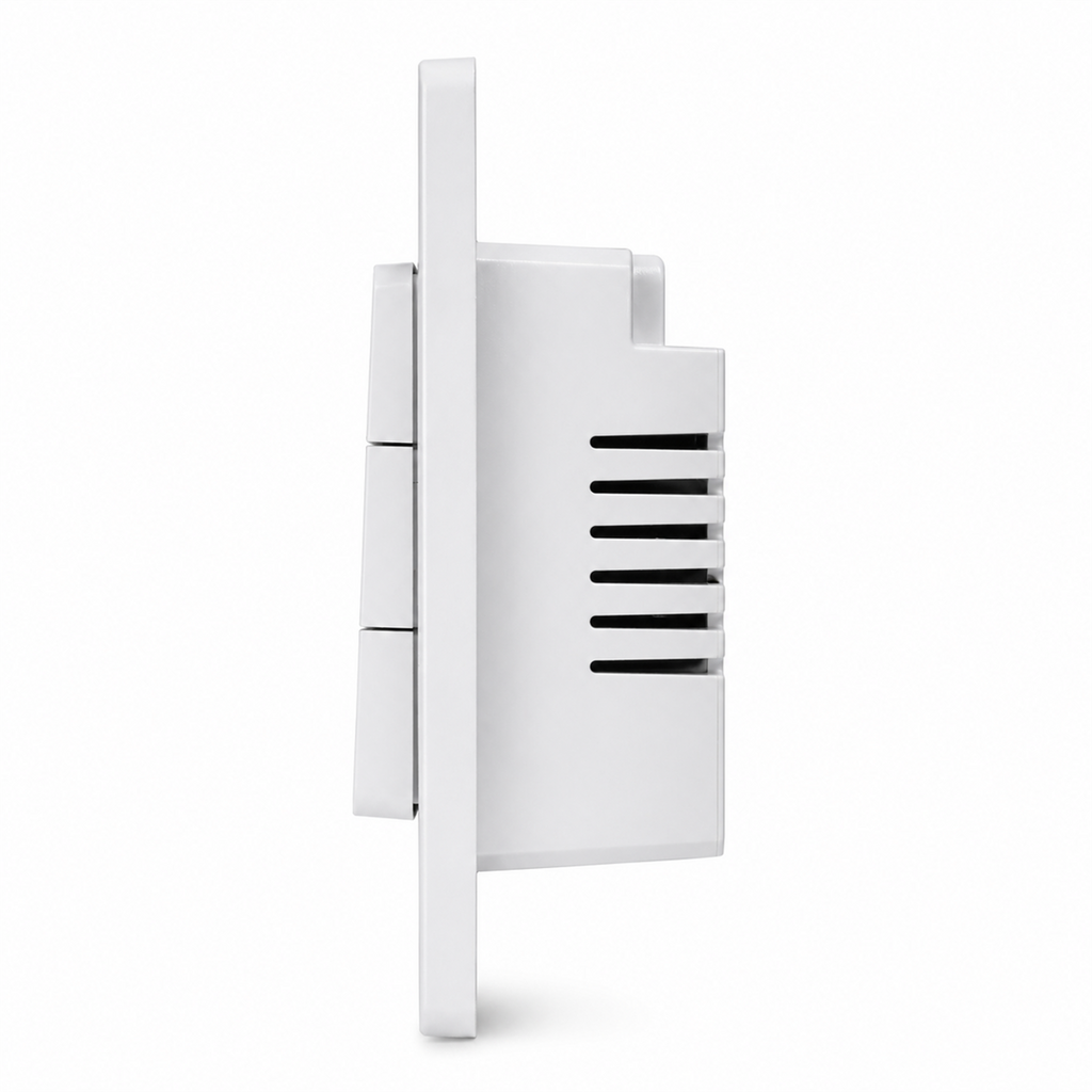 Vue latérale de l’interrupteur WiFi Matter NéoMatter Comfort avec module arrière blanc sur fond blanc.