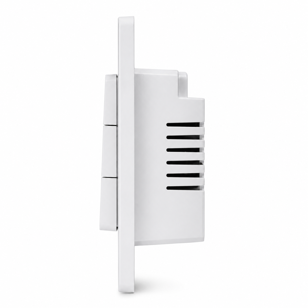 Vue latérale de l’interrupteur WiFi Matter NéoMatter Comfort avec module arrière blanc sur fond blanc.