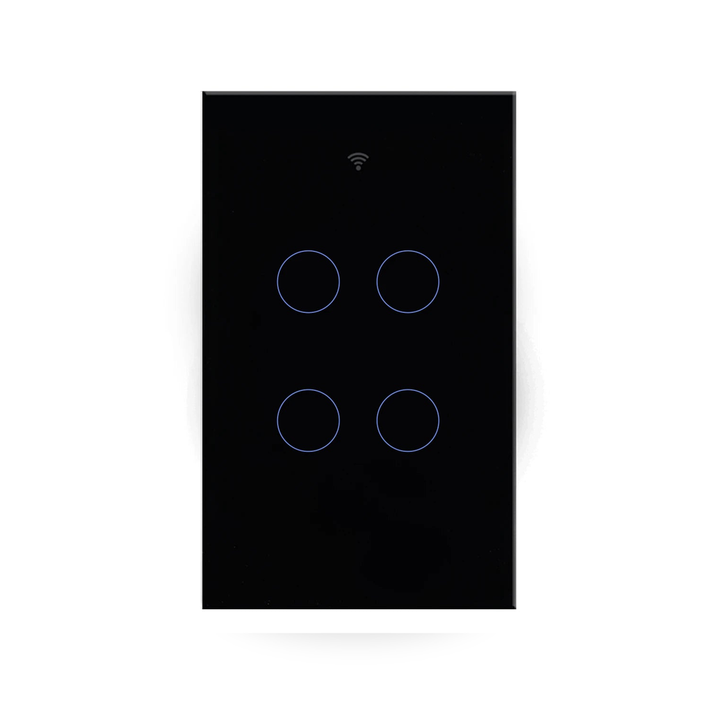 Studio packshot of black NéoMatter Glass Comfort four-button touch switch