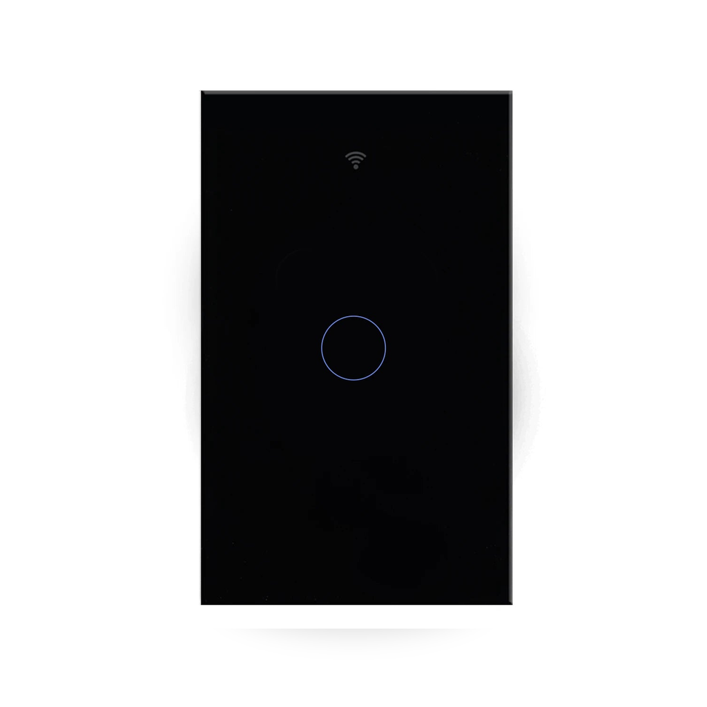 Studio packshot of black NéoMatter Glass Comfort one-button touch switch