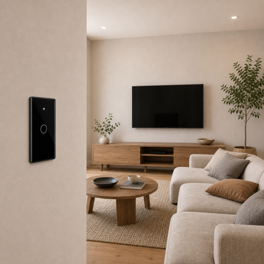 Black NéoMatter glass touch switch installed in a modern living room