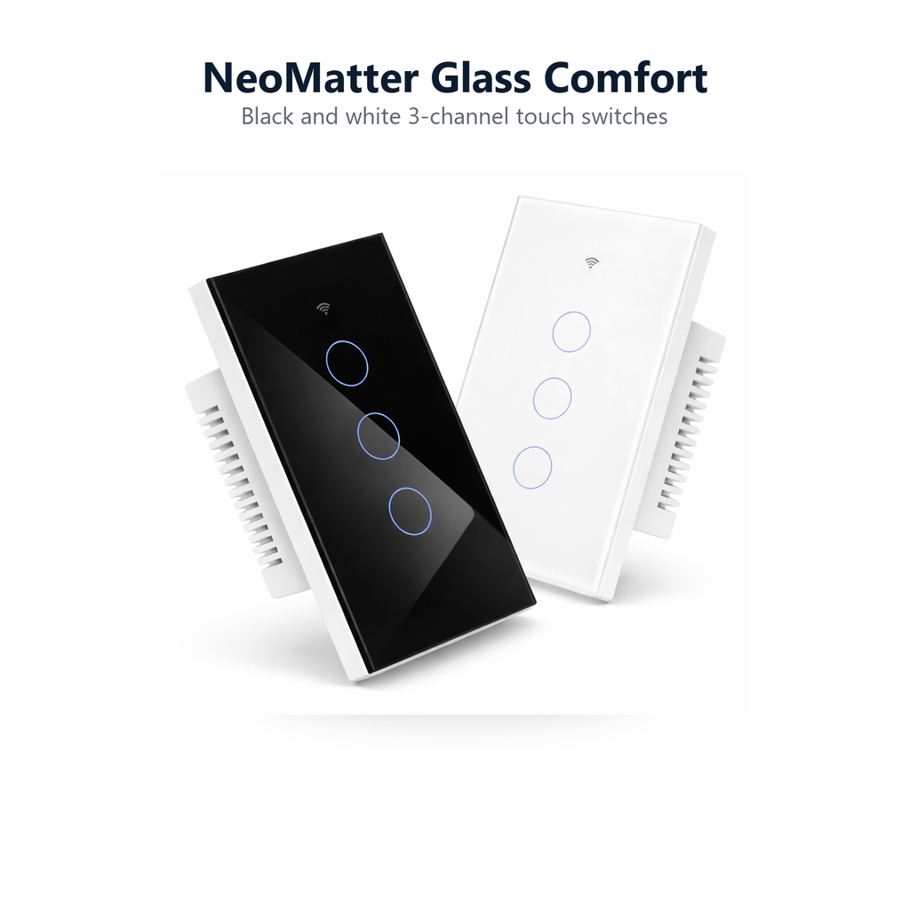 Studio packshot of black and white NéoMatter Glass Comfort three-channel touch switches