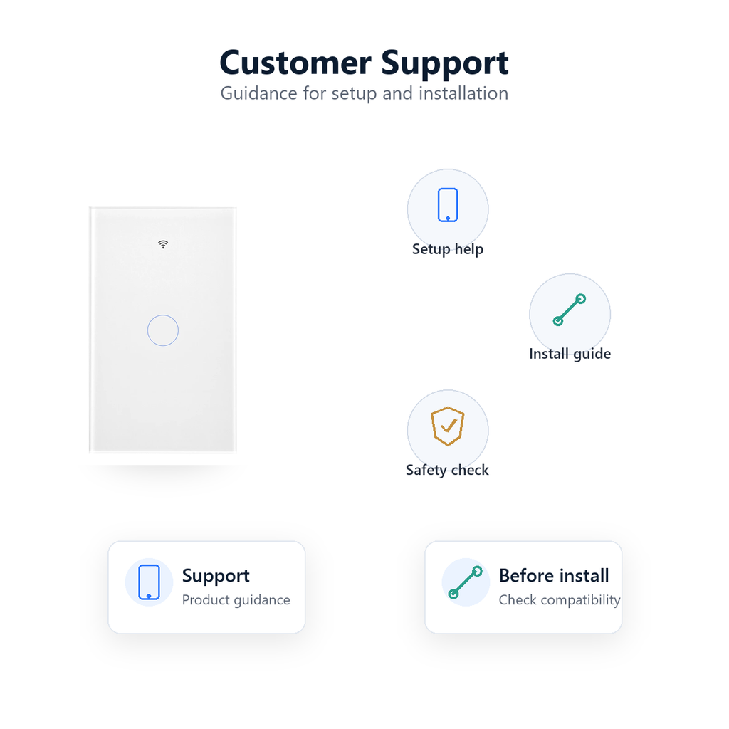 Customer support and setup guidance visual for NéoMatter Glass Comfort switch