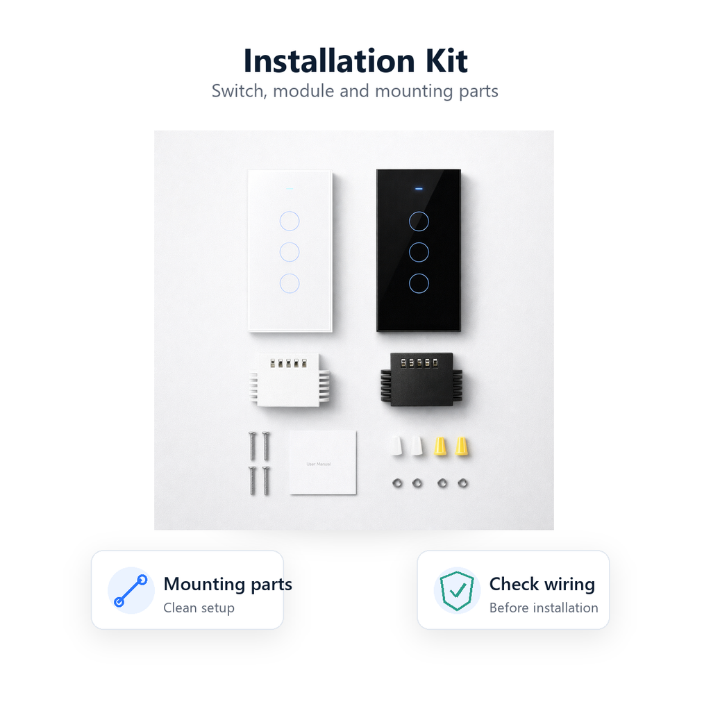 Installation kit overview for NéoMatter Glass Comfort touch switch