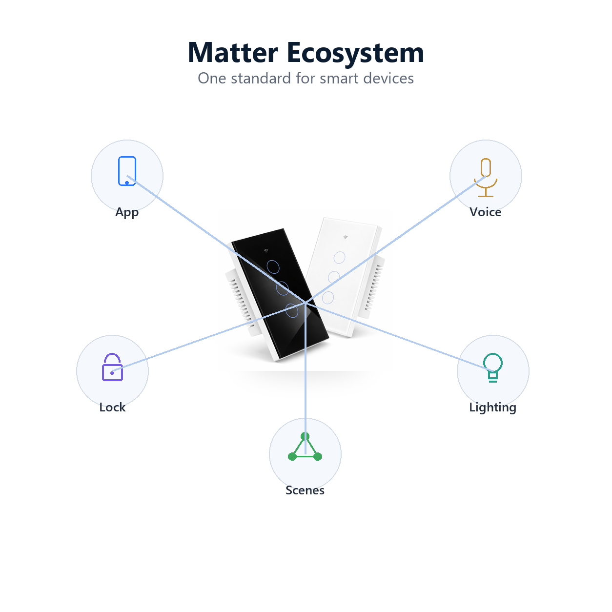 Matter ecosystem overview with generic smart home device icons