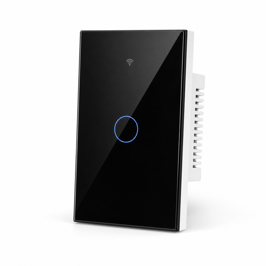 NéoMatter Glass Comfort Matter US black one-channel touch switch, clean studio packshot
