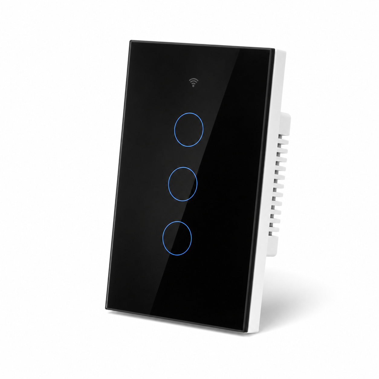 NéoMatter Glass Comfort Matter US black three-channel touch switch, clean studio packshot